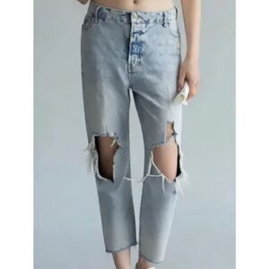 Torn Knees Light Wash O.G. Straight High Rise Distressed Jeans